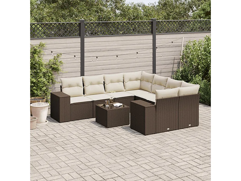 Set Divani da Giardino 9pz con Cuscini Marrone in Polyrattan