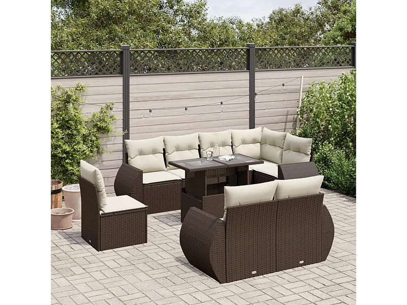 9-tlg. Garten-Sofagarnitur mit Kissen Braun Poly Rattan