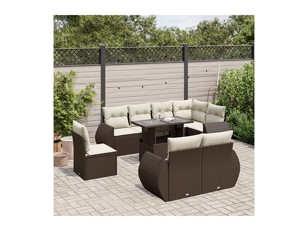 Salon de jardin avec coussins 9 pcs marron résine tressée
