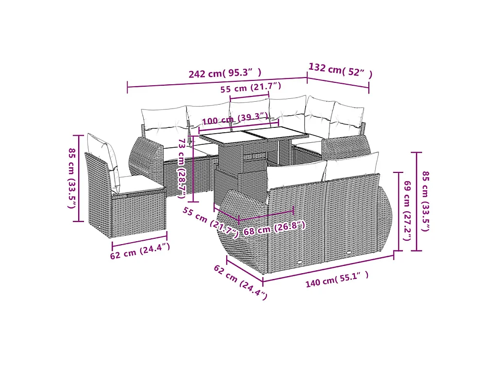 9-tlg. Garten-Sofagarnitur mit Kissen Braun Poly Rattan