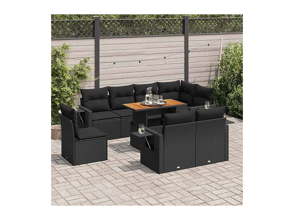 9-tlg. Garten-Sofagarnitur mit Kissen Schwarz Poly Rattan