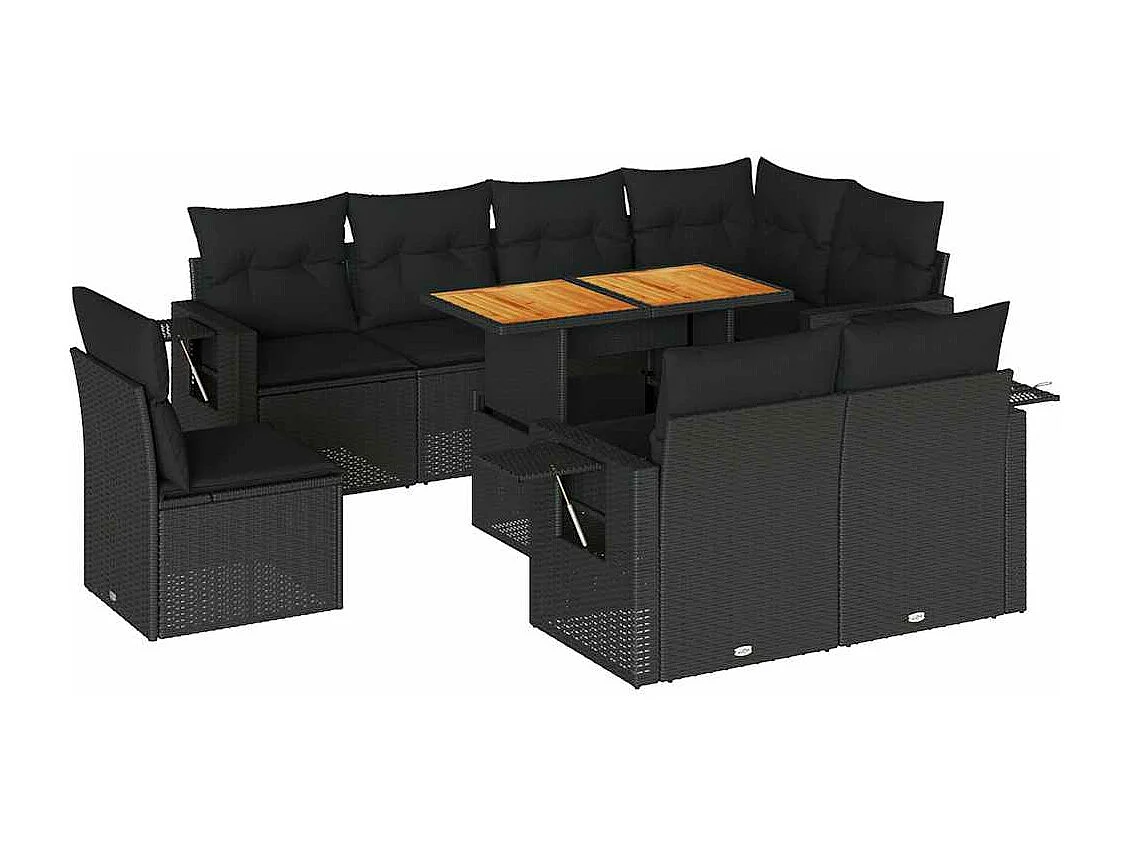 Salon de jardin 9 pcs avec coussins noir résine tressée