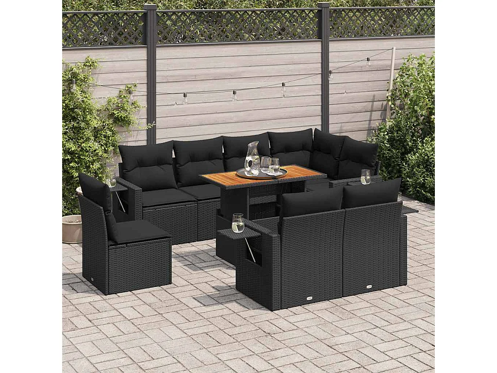 Salon de jardin 9 pcs avec coussins noir résine tressée