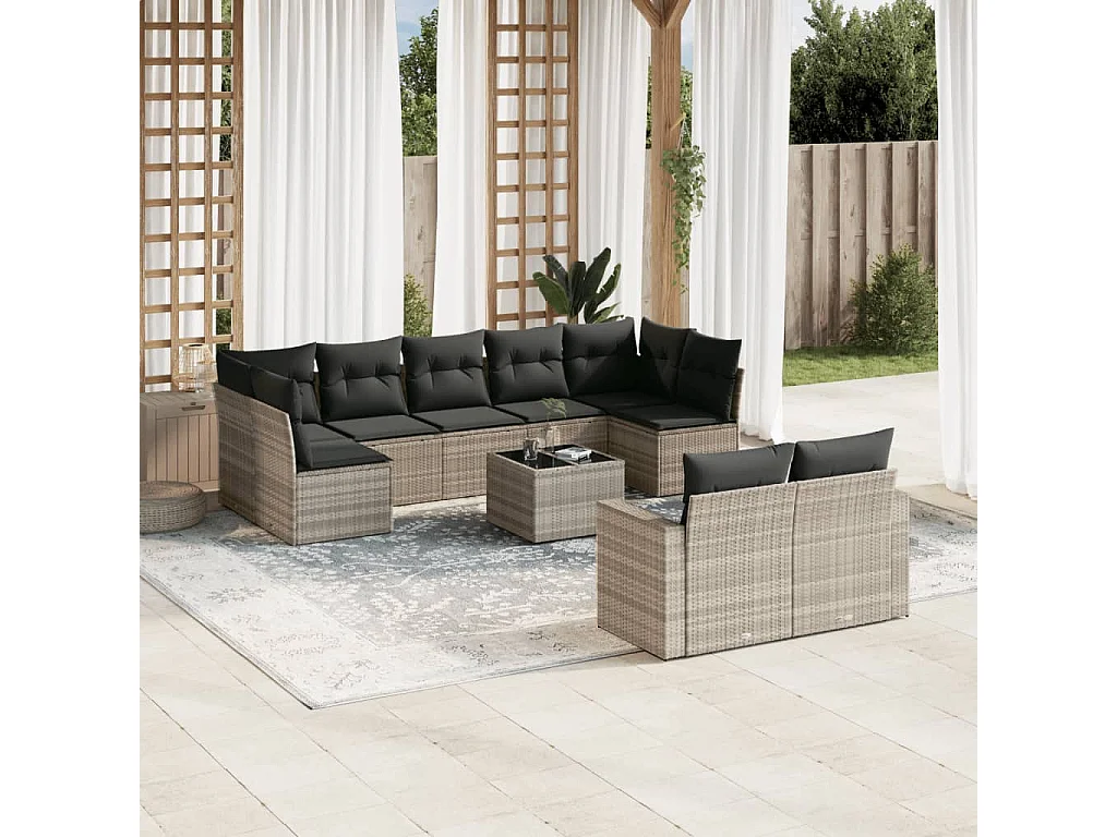 Salon de jardin avec coussins 10 pcs gris clair résine tressée