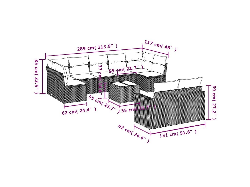 10-delige Loungeset met kussens poly rattan lichtgrijs