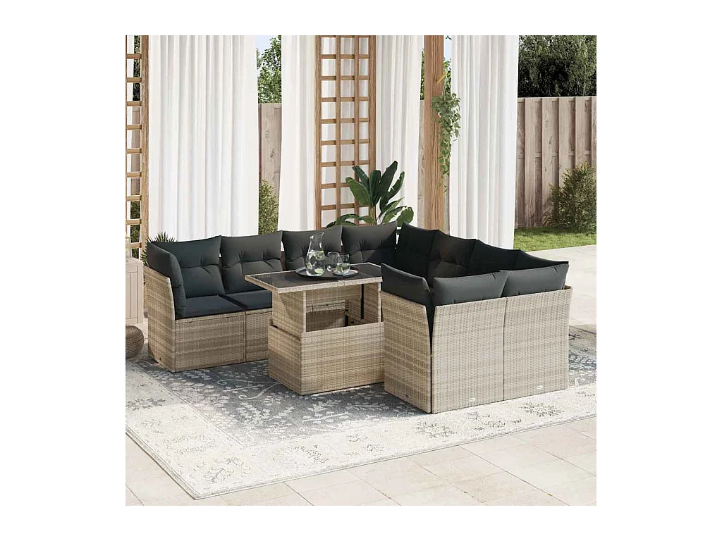 Salon de jardin 9 pcs avec coussins gris clair résine tressée