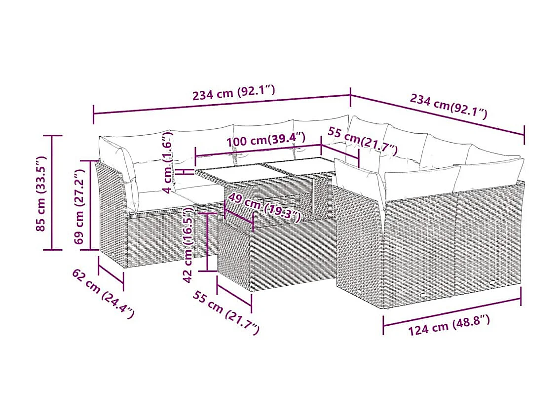 Salon de jardin 9 pcs avec coussins gris clair résine tressée