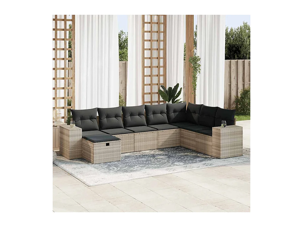 Set Divano da Giardino 8pz con Cuscini Grigio Chiaro Polyrattan