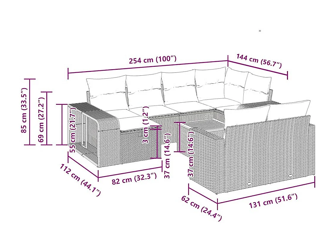 Salon de jardin 11 pcs avec coussins noir résine tressée