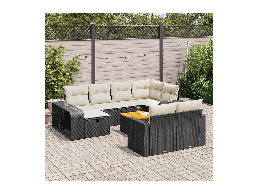 11-tlg. Garten-Sofagarnitur mit Kissen Schwarz Poly Rattan