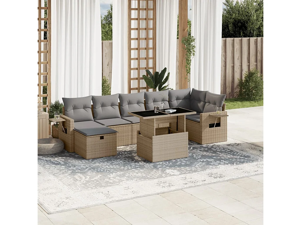 Salon de jardin avec coussins 8 pcs beige résine tressée