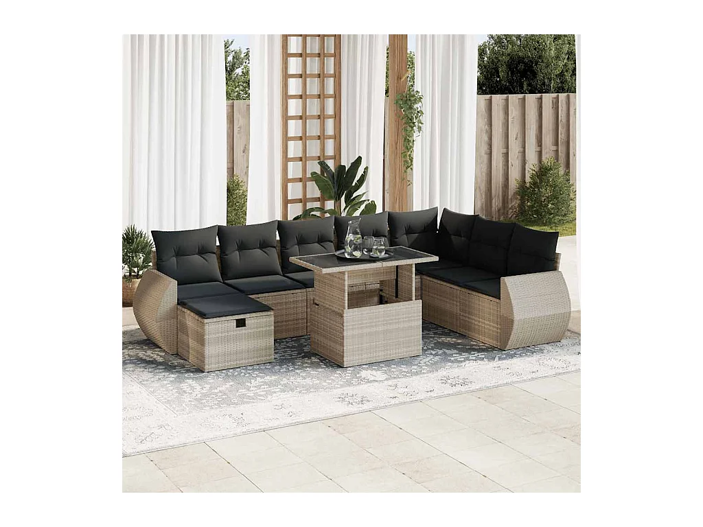 Salon de jardin 9 pcs avec coussins gris clair résine tressée