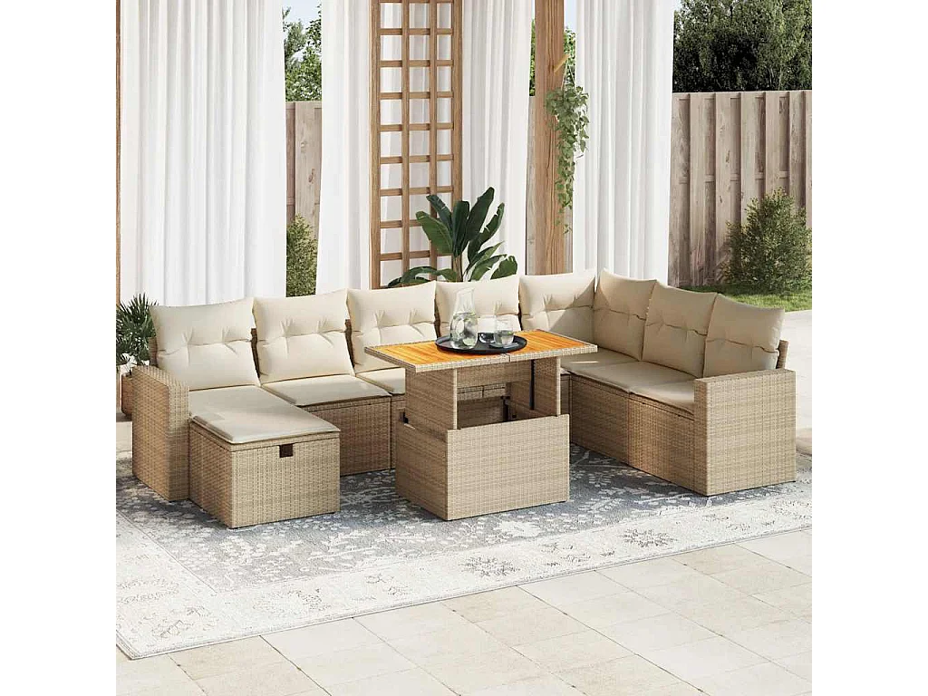 9-tlg. Garten-Sofagarnitur mit Kissen Beige Poly Rattan Akazie