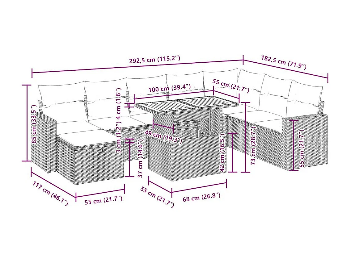 Salon de jardin avec coussins 9 pcs beige résine tressée acacia