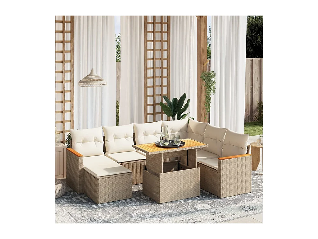 Salon de jardin avec coussins 8 pcs beige résine tressée
