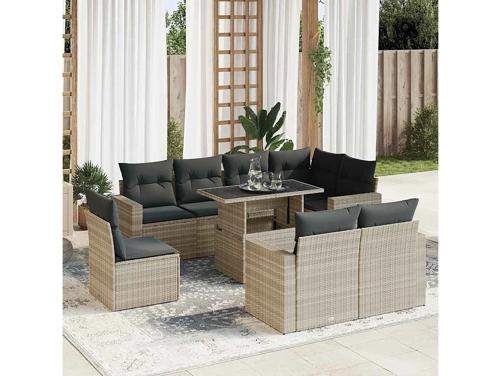 9-tlg. Garten-Sofagarnitur mit Kissen Hellgrau Poly Rattan
