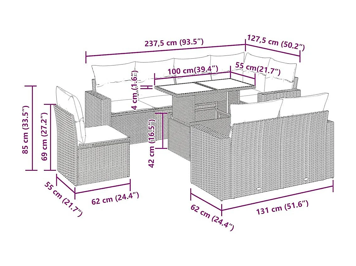 9-tlg. Garten-Sofagarnitur mit Kissen Hellgrau Poly Rattan