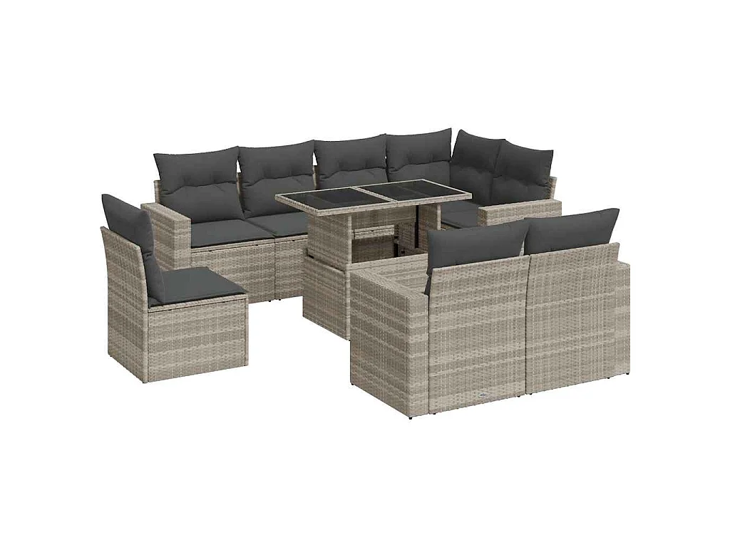 Salon de jardin 9 pcs avec coussins gris clair résine tressée
