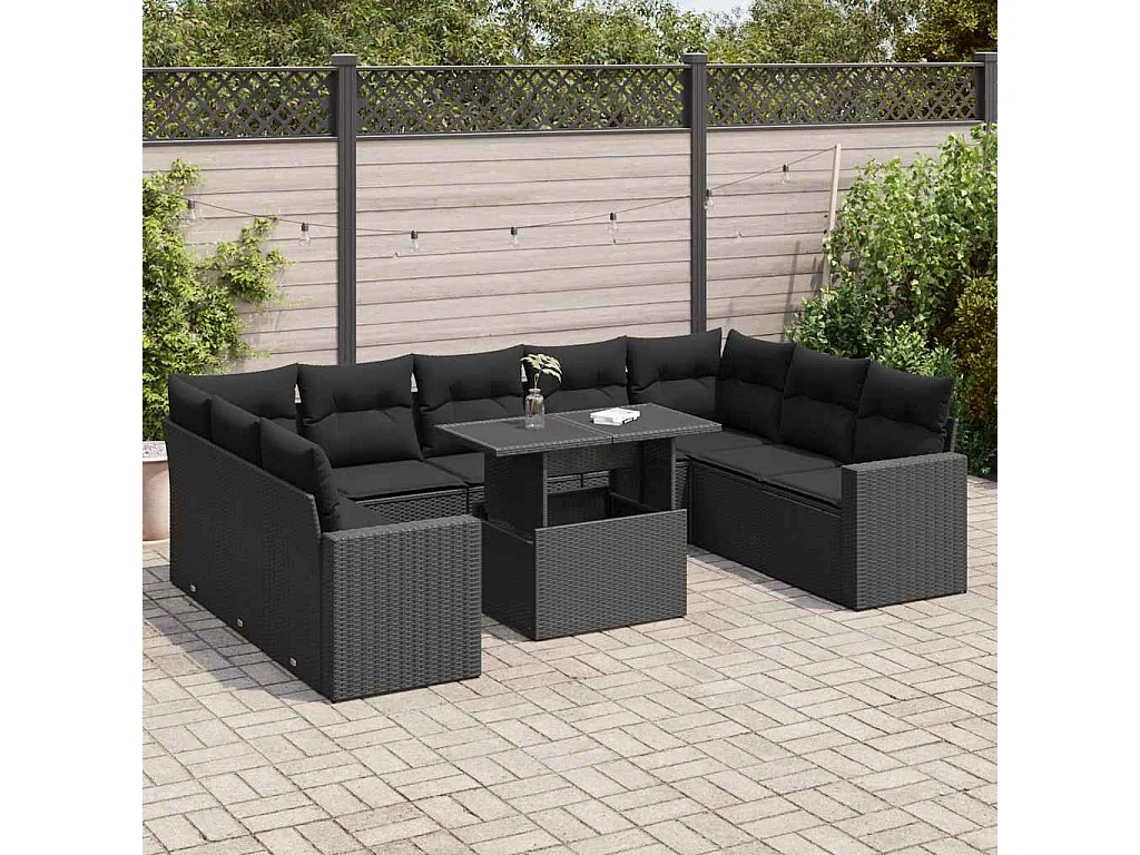 10-tlg. Garten-Sofagarnitur mit Kissen Schwarz Poly Rattan