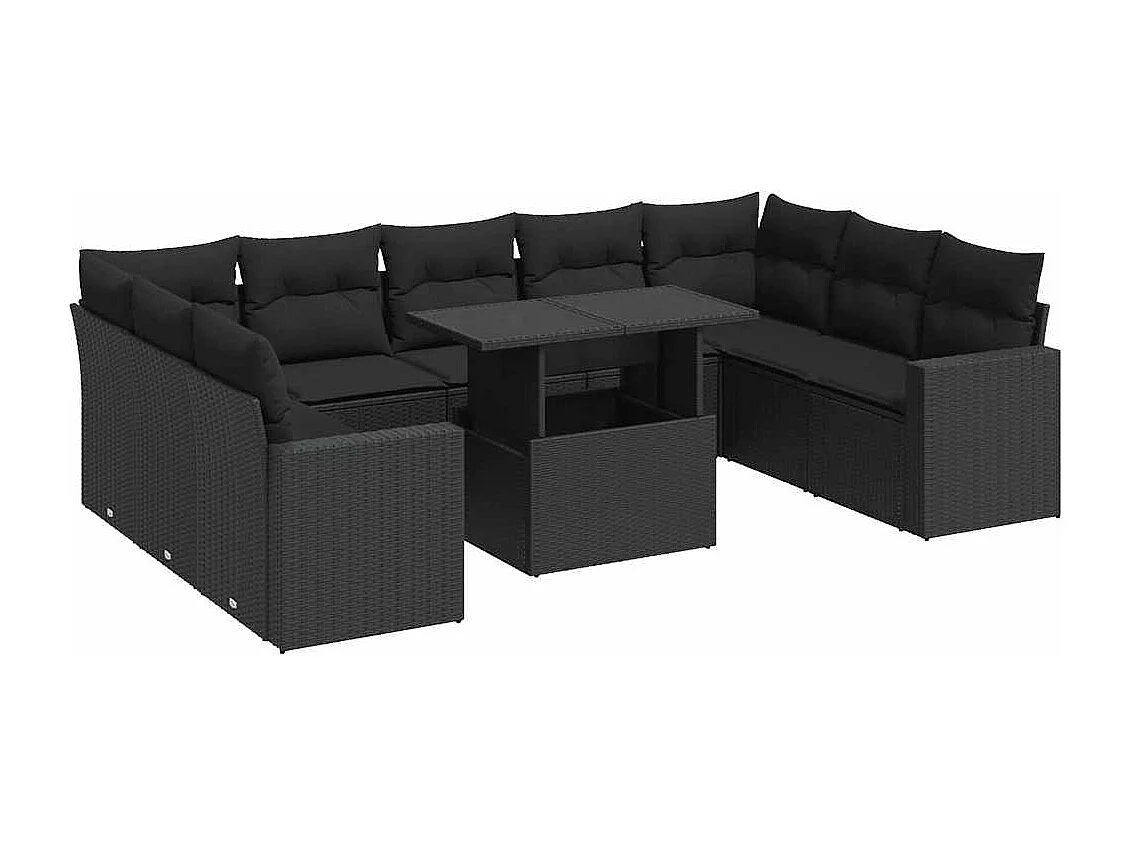 10-tlg. Garten-Sofagarnitur mit Kissen Schwarz Poly Rattan