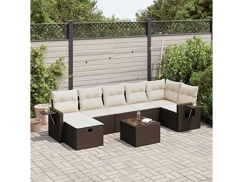 8 pcs conjunto sofás de jardim c/ almofadões vime PE castanho