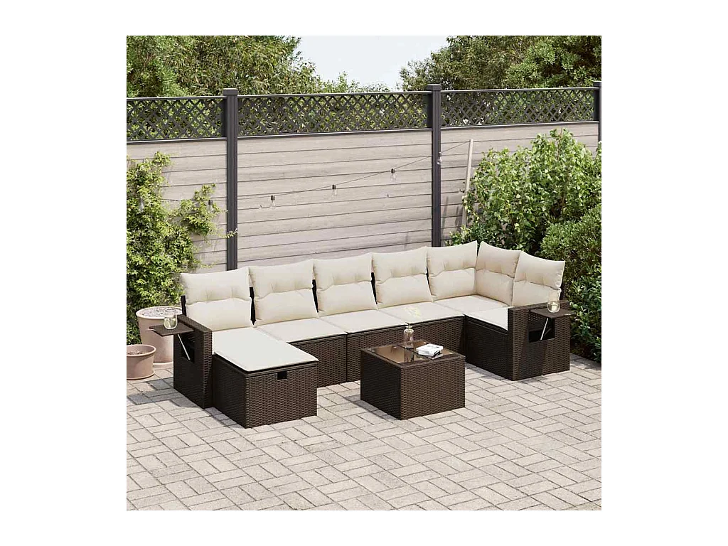8-delige Loungeset met kussens poly rattan bruin