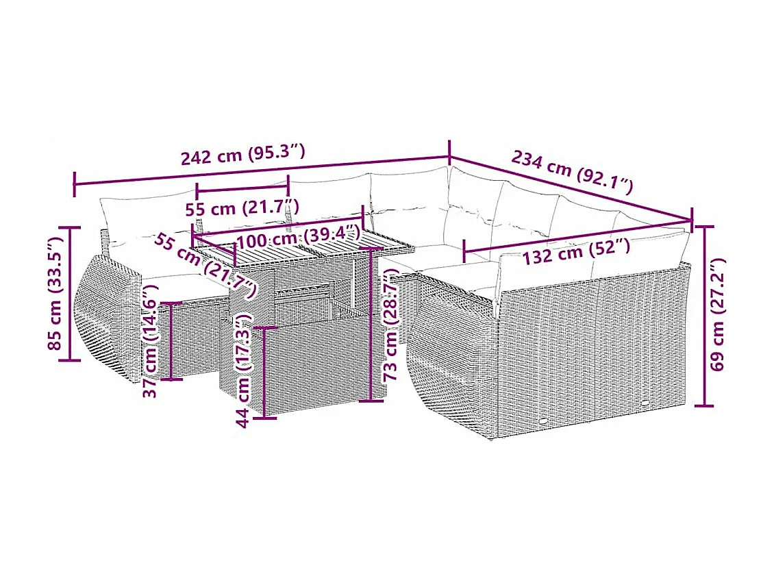 9-tlg. Garten-Sofagarnitur mit Kissen Beige Poly Rattan