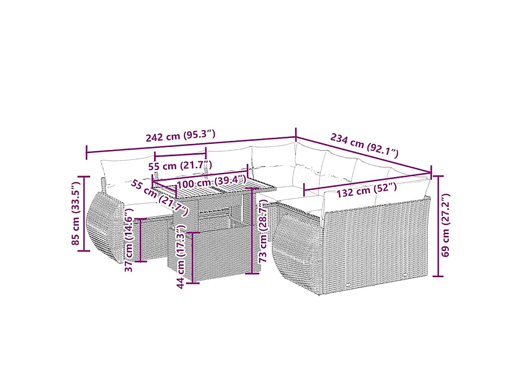 Salon de jardin avec coussins 9 pcs beige résine tressée