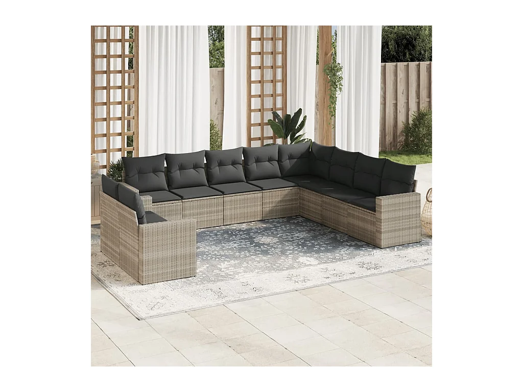 10-delige Loungeset met kussens poly rattan lichtgrijs