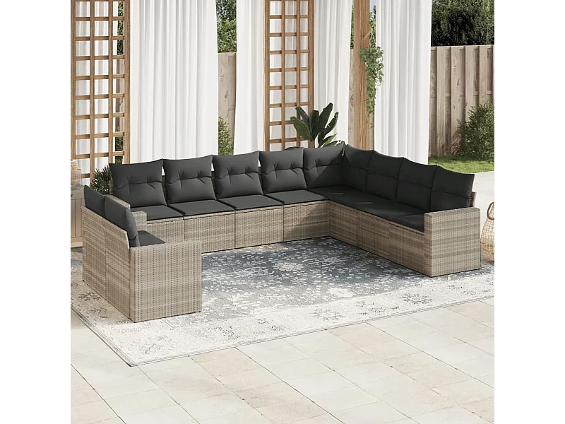 Salon de jardin avec coussins 10 pcs gris clair résine tressée