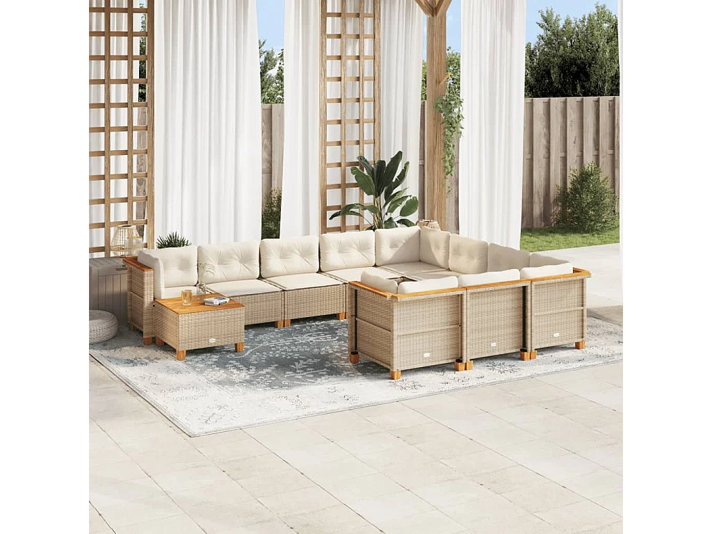 Salon de jardin 11 pcs avec coussins beige résine tressée