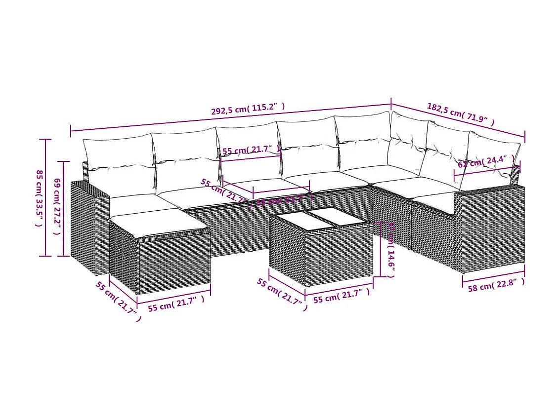 9-tlg. Garten-Sofagarnitur mit Kissen Hellgrau Poly Rattan