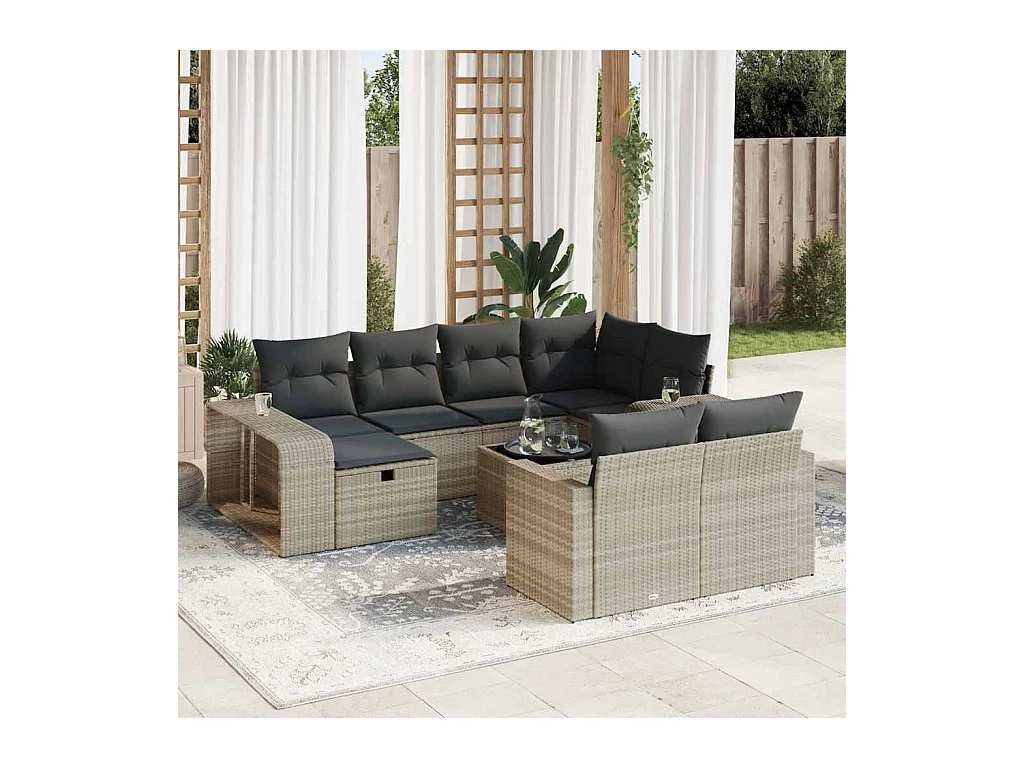 11-tlg. Garten-Sofagarnitur mit Kissen Hellgrau Poly Rattan