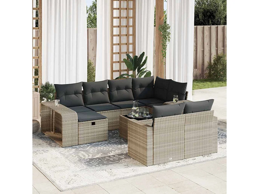 Salon de jardin 11 pcs avec coussins gris clair résine tressée