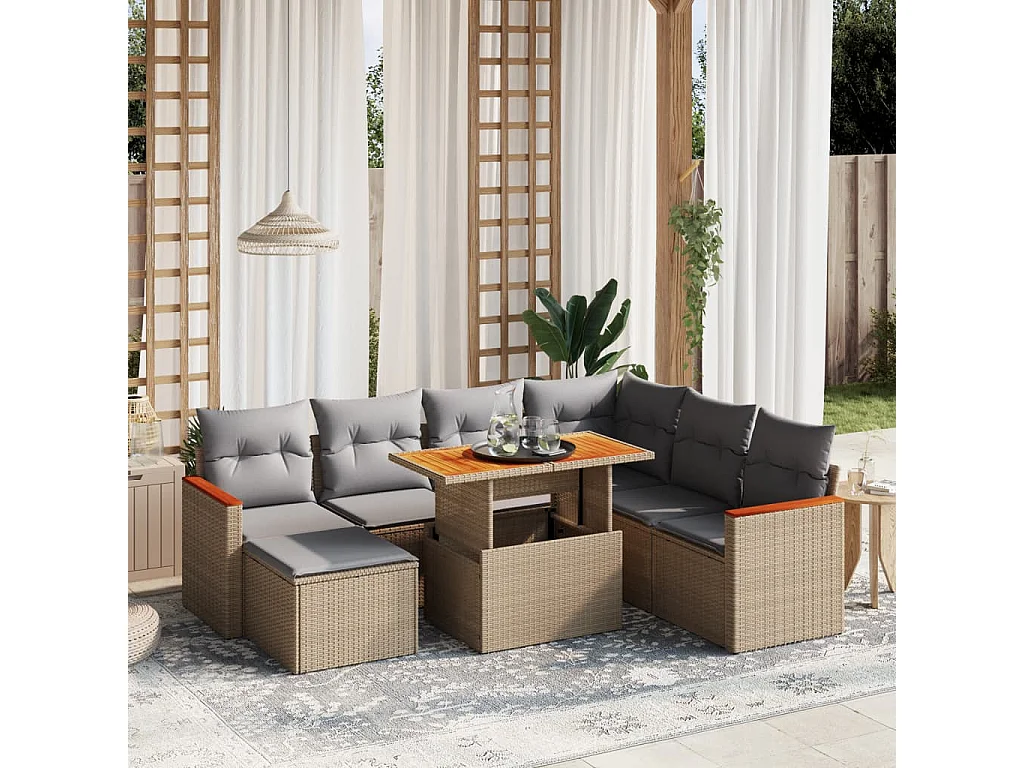 8-tlg. Garten-Sofagarnitur mit Kissen Beige Poly Rattan