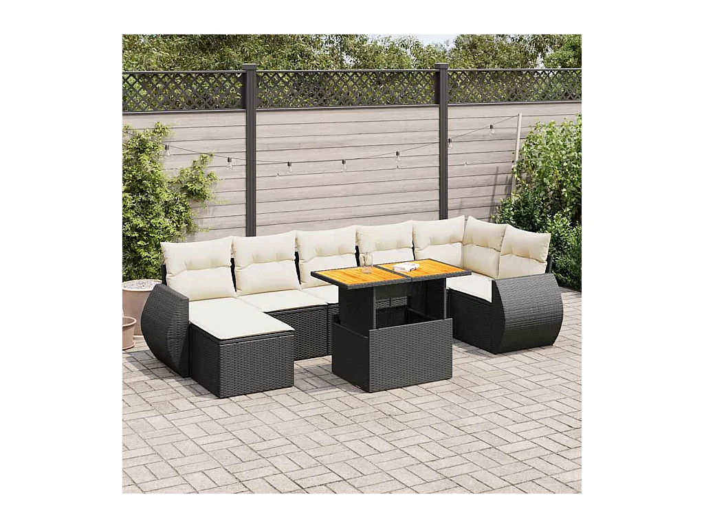 8-delige Loungeset met kussens poly rattan zwart