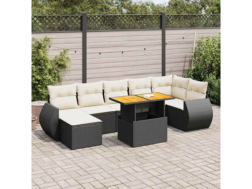 Salon de jardin 8 pcs avec coussins noir résine tressée