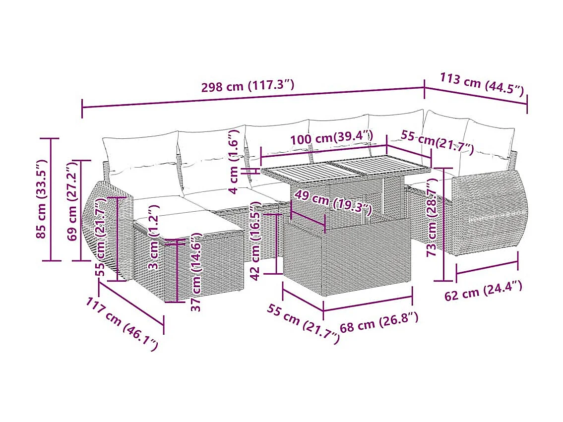 Salon de jardin 8 pcs avec coussins noir résine tressée