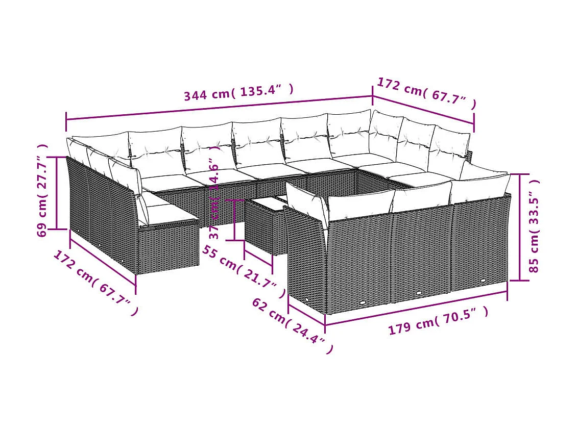 14-delige Loungeset met kussens poly rattan bruin