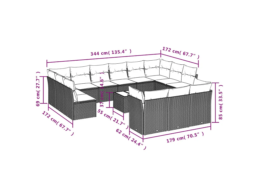 14-delige Loungeset met kussens poly rattan bruin
