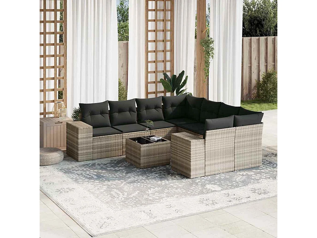 Salon de jardin 9 pcs avec coussins gris clair résine tressée