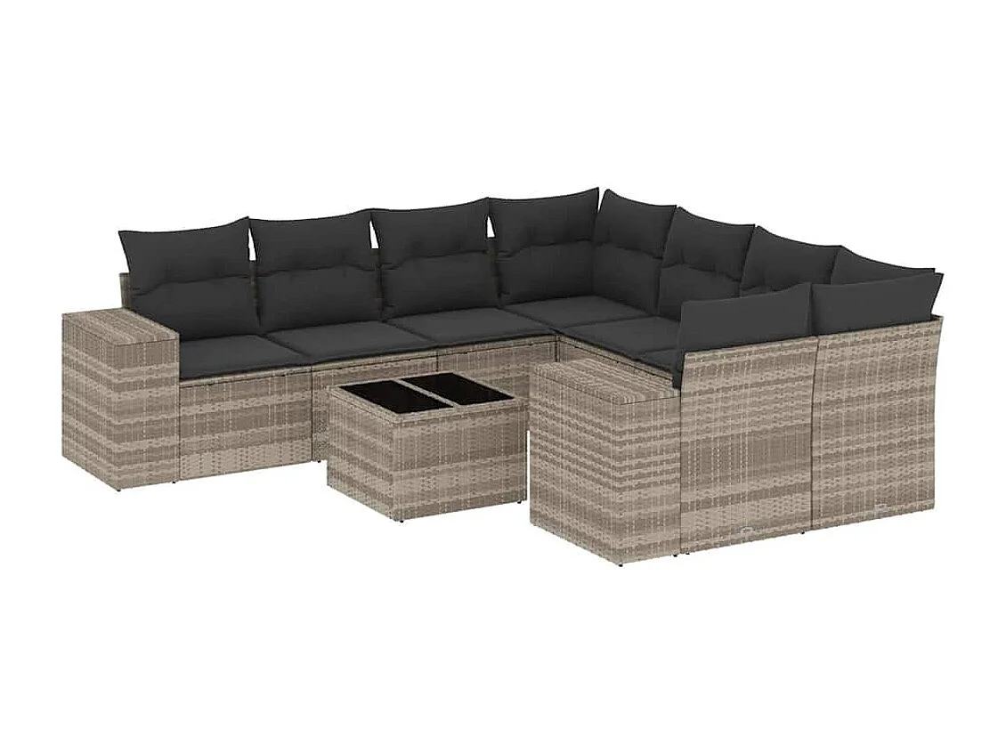 Salon de jardin 9 pcs avec coussins gris clair résine tressée