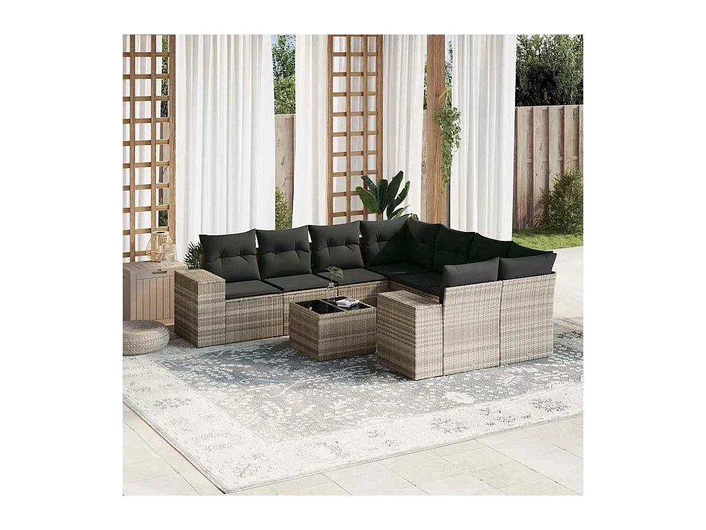 Set Divano da Giardino 9pz con Cuscini Grigio Chiaro Polyrattan