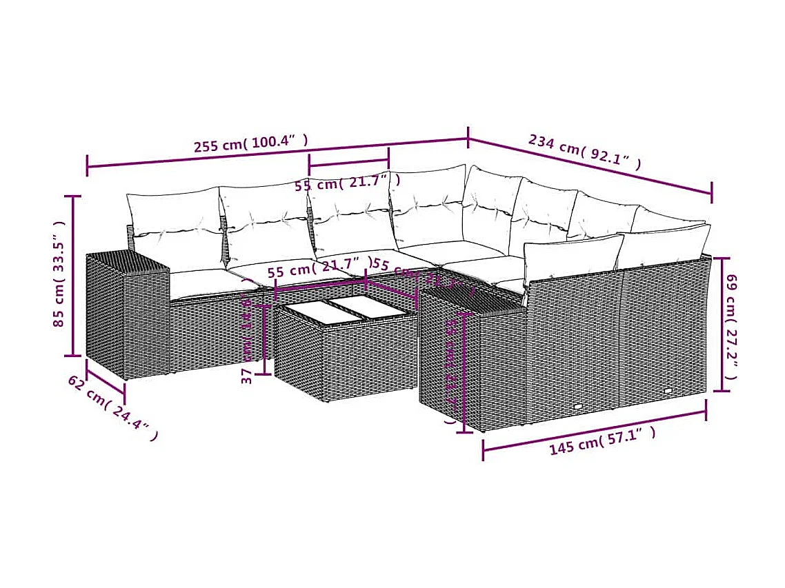 9-tlg. Garten-Sofagarnitur mit Kissen Hellgrau Poly Rattan