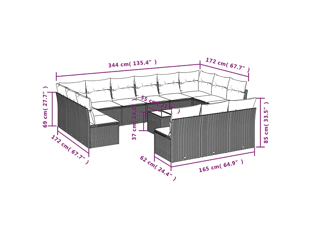 14-tlg. Garten-Sofagarnitur mit Kissen Braun Poly Rattan