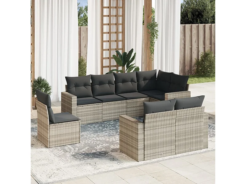 8-tlg. Garten-Sofagarnitur mit Kissen Hellgrau Poly Rattan