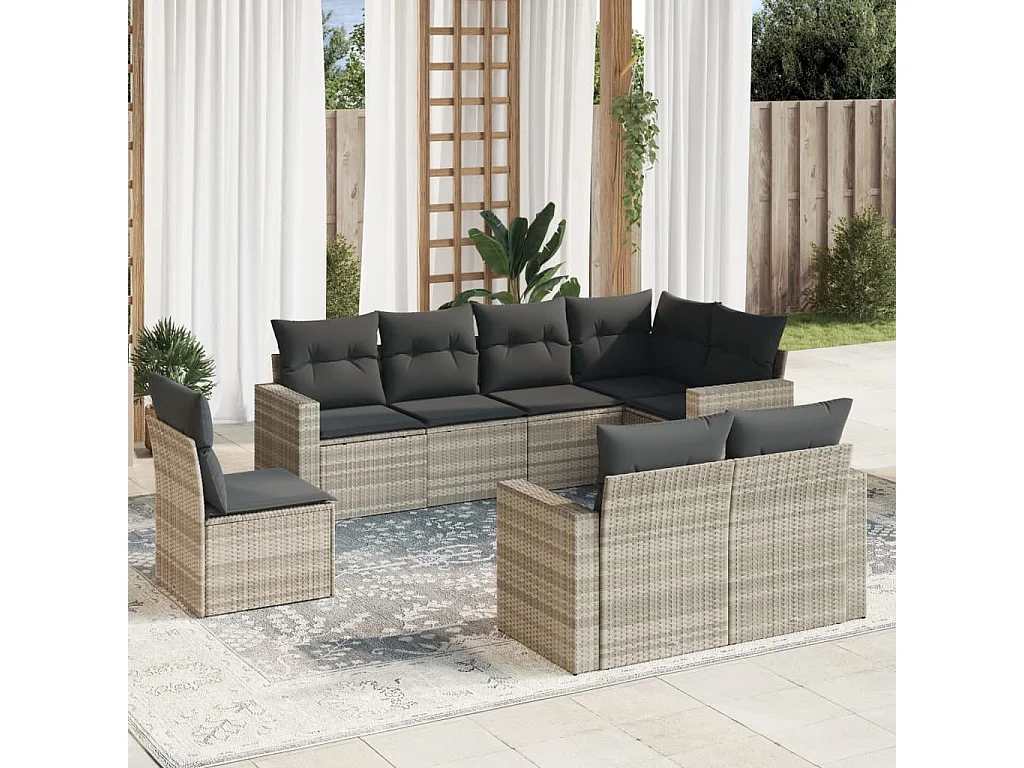 Salon de jardin 8 pcs avec coussins gris clair résine tressée
