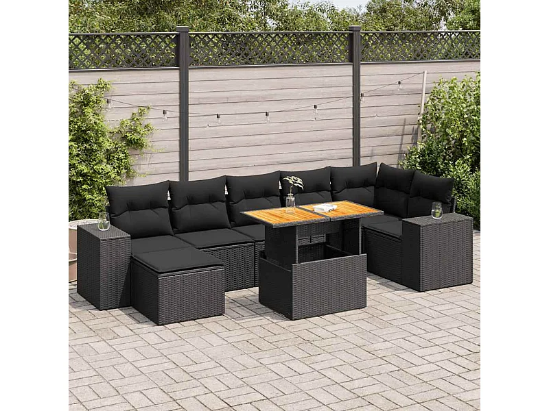 8-tlg. Garten-Sofagarnitur mit Kissen Schwarz Poly Rattan