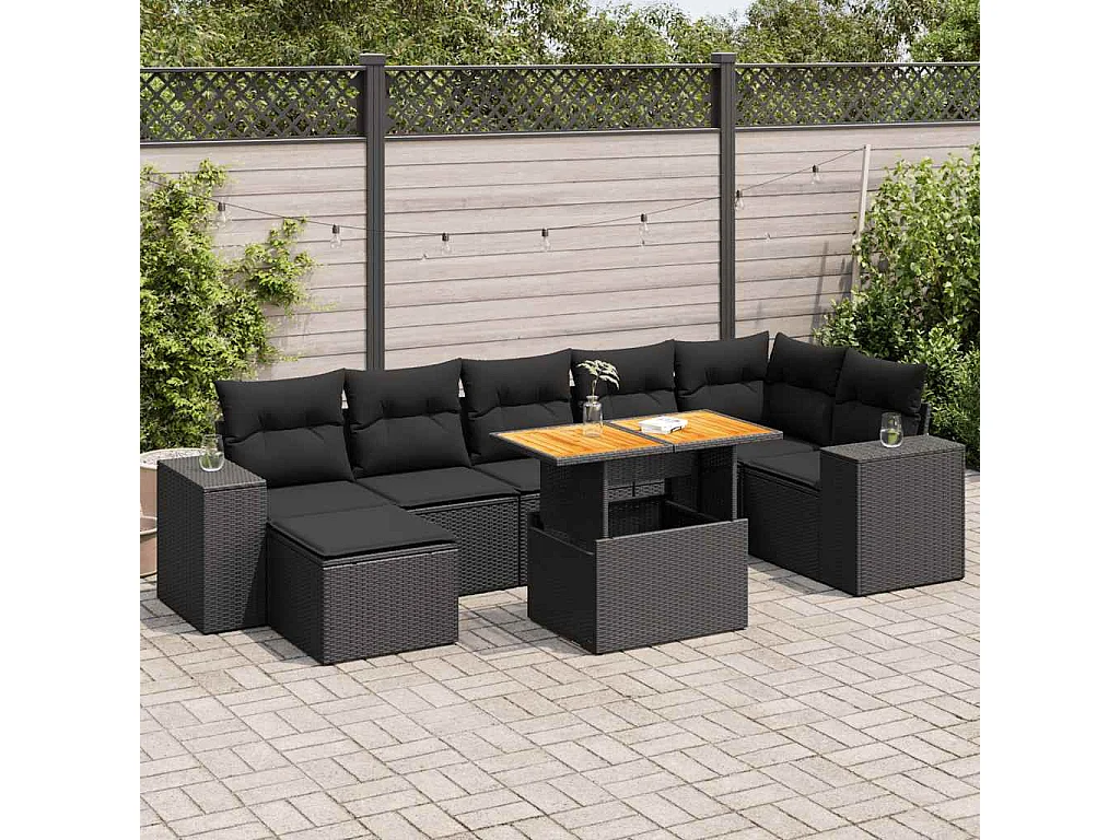 Salon de jardin 8 pcs avec coussins noir résine tressée