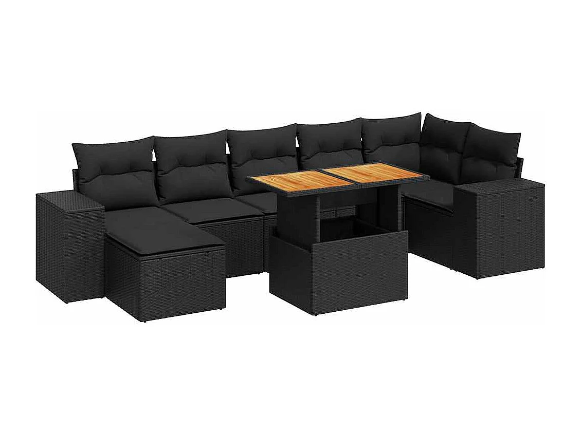 Salon de jardin 8 pcs avec coussins noir résine tressée